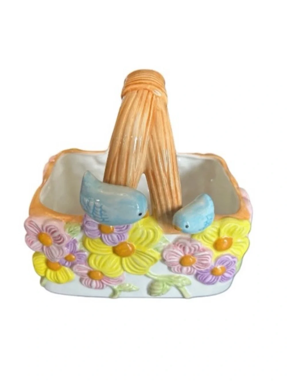 Vintage Ceramic Flower Basket Planter Blue Birds Colorful Floral Pot Home Decor